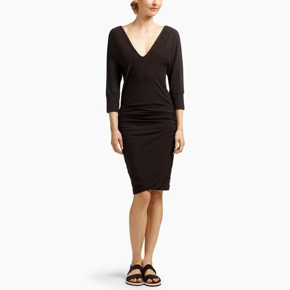 James Perse Dresses & Skirts - Standard James Perse Dress Black Ruched High Twist Jersey V Neck